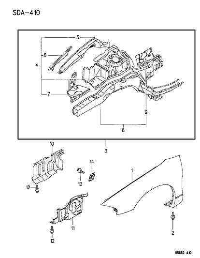 1995 Dodge Avenger Front Fender & Fender Shield Diagram