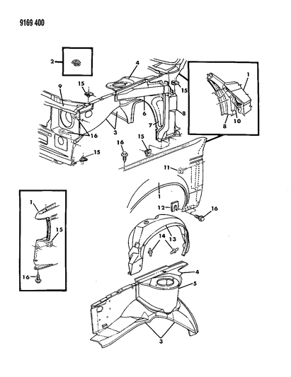 1989 Dodge Omni Fender & Shield Diagram