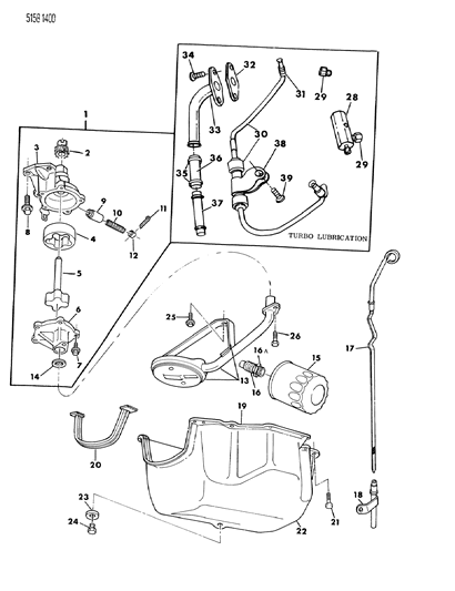 1985 Dodge Omni Oil Pump, Oil Pan, Oil Level Indicator, Oil Filter, Turbocharger Lubrication Diagram