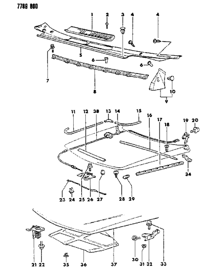 1987 Dodge Colt Hood & Front Deck Garnish Diagram