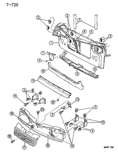 1994 Dodge Shadow Grille & Related Parts Diagram