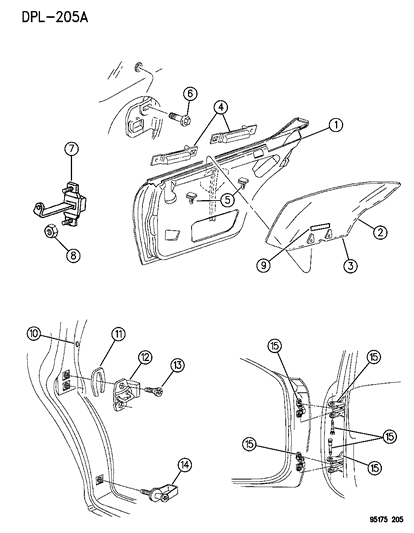 1995 Dodge Neon Door, Rear Shell, Glass & Hinge Diagram