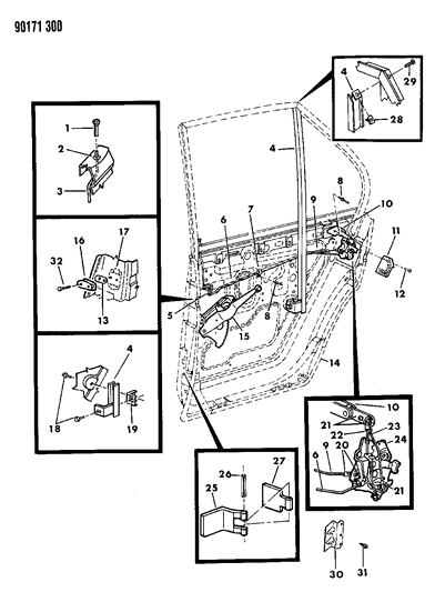 1990 Dodge Omni Door, Rear Shell, Regulator & Controls Diagram