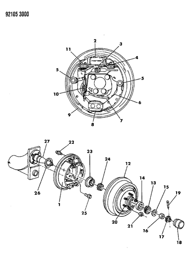 1992 Dodge Shadow Brakes, Rear Drum Diagram