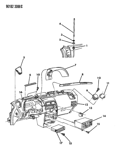 1990 Dodge Daytona Instrument Panel, Radio & Antenna Diagram