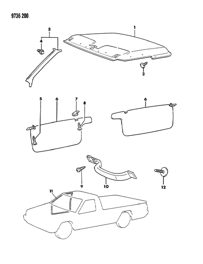 1989 Dodge Ram 50 Headliner, Mouldings, Visor & Assist Strap Diagram 1