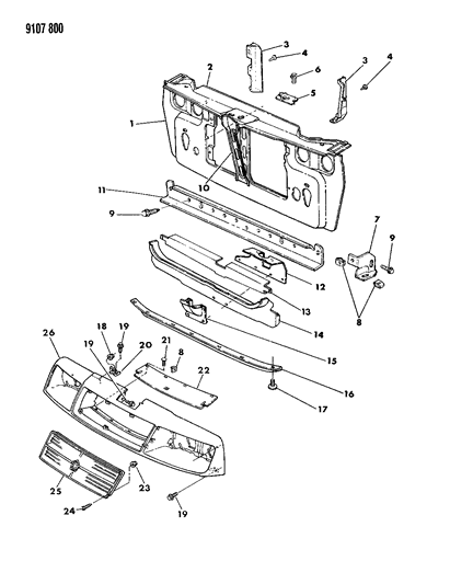 1989 Chrysler LeBaron GTS Grille & Related Parts Diagram