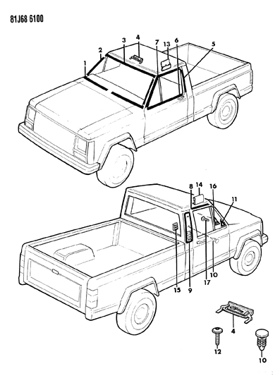 1986 Jeep Comanche Mouldings, Exterior - Upper Diagram