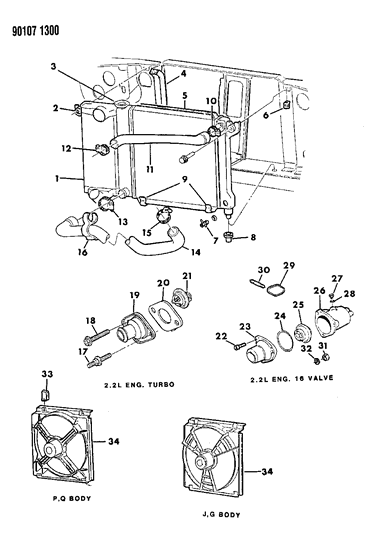 1990 Dodge Daytona Radiator & Related Parts Diagram 1