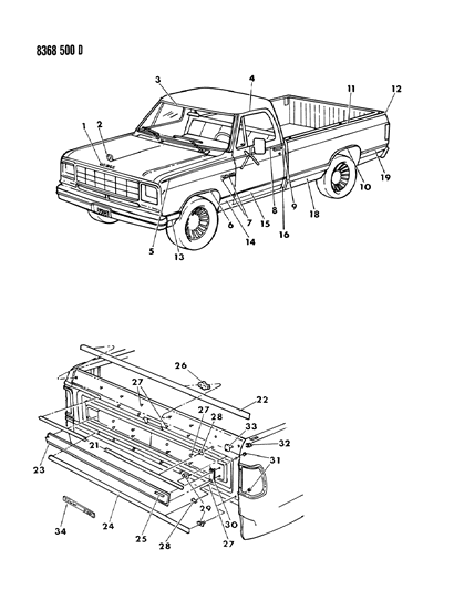 1988 Dodge D350 Mouldings & Ornamentation - Exterior View Diagram 1