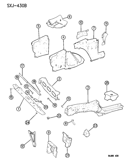 1994 Jeep Cherokee Panels - Front End Inner & Wheelhouse Diagram