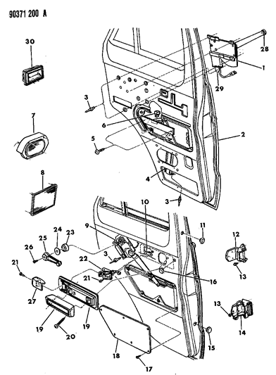 1993 Dodge Ram Van Door, Front Shell, Hinges, Regulator And Speaker Diagram