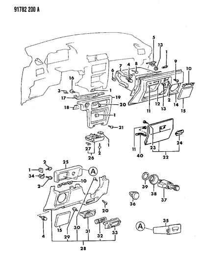 1991 Dodge Colt Instrument Panel Bezels & Glovebox Diagram 2