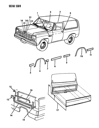 1993 Dodge Ramcharger Mouldings & Ornamentation Diagram