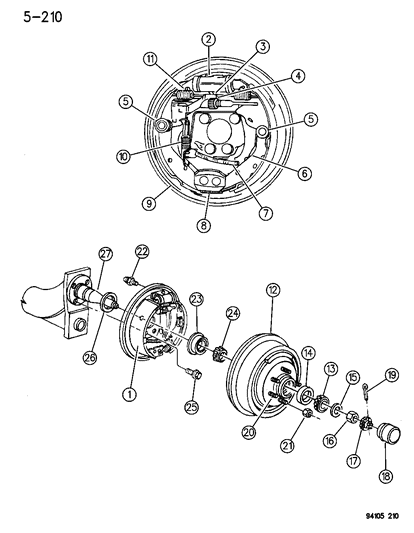 1994 Dodge Shadow Brakes, Rear Drum Diagram