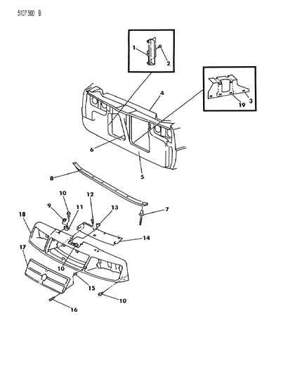 1985 Chrysler LeBaron GTS Grille & Related Parts Diagram 1