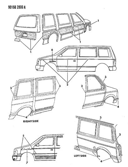 1990 Dodge Grand Caravan Tape Stripes & Decals - Exterior View Diagram