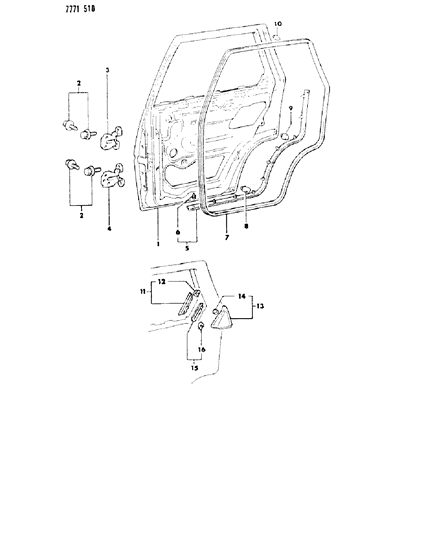 1988 Dodge Colt Door, Rear Shell, Hinges & Weatherstrip Diagram 2