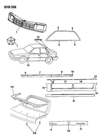 1990 Dodge Shadow Mouldings & Ornamentation - Exterior View Diagram 2