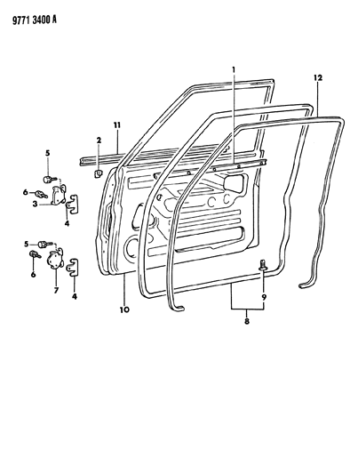 1989 Dodge Raider Door, Front Shell, Hinges And Weatherstrips Diagram