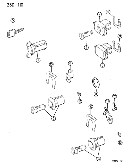 1994 Jeep Wrangler Lock Cylinders & Keys Diagram