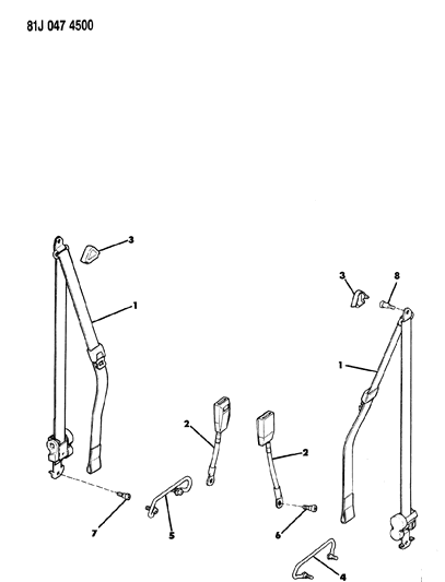 1984 Jeep Cherokee Seat Belts, Front Diagram