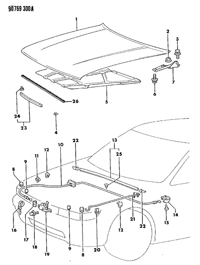 1990 Dodge Colt Hood & Hood Release Diagram