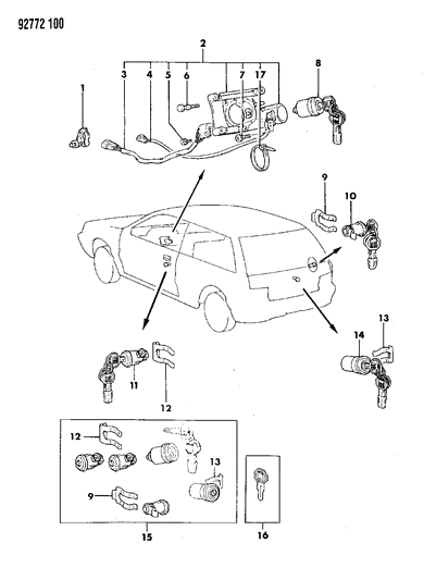 1992 Dodge Colt Lock Cylinder & Keys Diagram