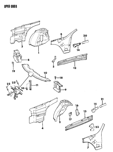 1992 Dodge Monaco Panels - Front End Inner & Wheelhouse Diagram