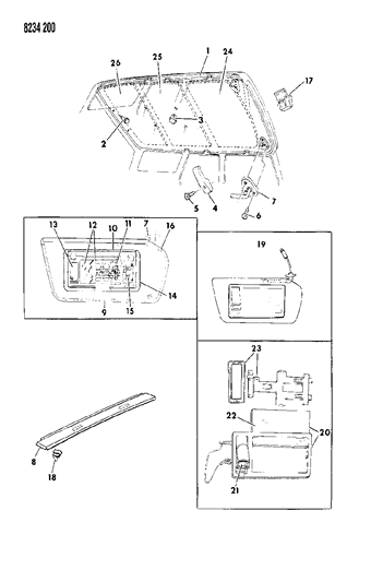 1988 Dodge Aries Headliner Visor & Shelf Panel Diagram