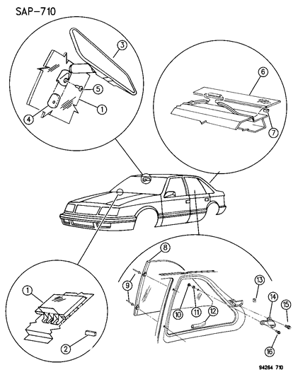 1994 Dodge Shadow Glass - Windshield Backlite Quarter & Mirror Diagram