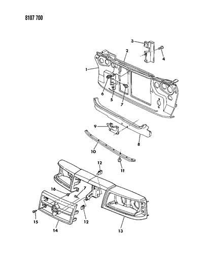 1988 Dodge 600 Sedan Grille & Related Parts Diagram