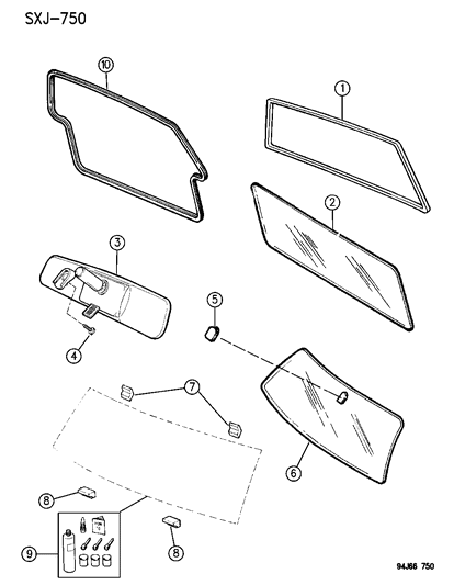1994 Jeep Cherokee Glass, Windshield, Backlite And Mirror Diagram