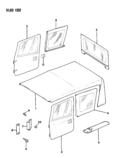 1993 Jeep Wrangler Soft Top, Full Soft Doors & Windows Diagram