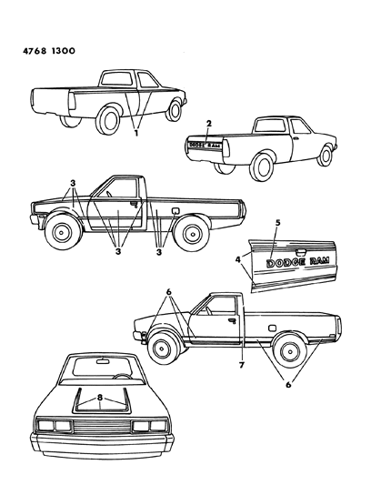 1984 Dodge Ram 50 Tape Stripes & Decals - Exterior View Diagram