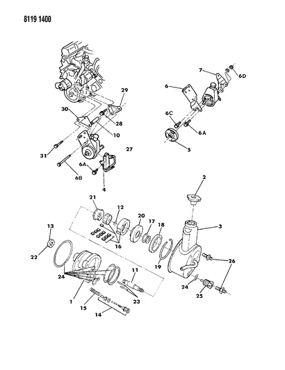 1988 Chrysler Fifth Avenue Power Steering Pump, Pulley, Brackets Diagram