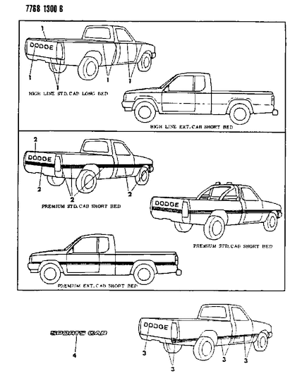 1988 Dodge Ram 50 Tape Stripes & Decals - Exterior View Diagram 1