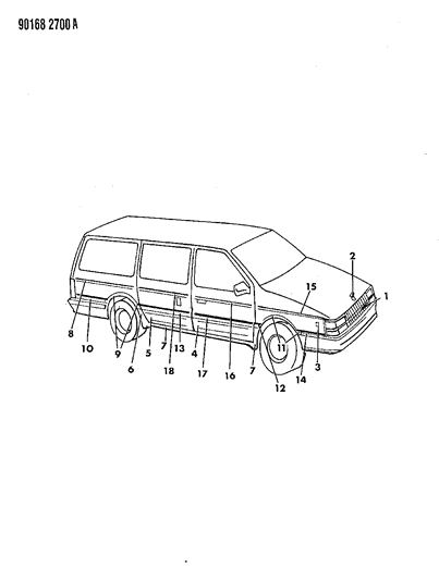 1990 Chrysler Town & Country Mouldings & Ornamentation - Exterior View Diagram 1