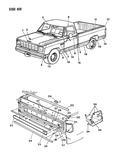 1986 Dodge W150 Mouldings & Name Plates - Exterior View Diagram 1