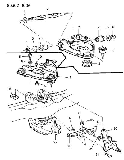 1992 Dodge Ram Wagon Suspension - Front Arm & Steering Knuckle Upper Control Diagram