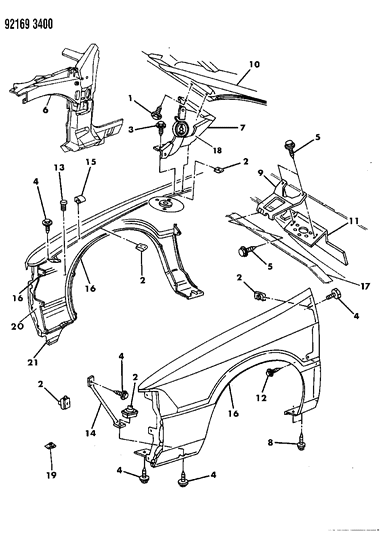 1992 Chrysler LeBaron Sedan Fender & Fender Brace Diagram