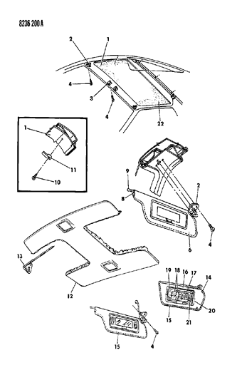 1988 Dodge Daytona Headlining & Visor Front Diagram