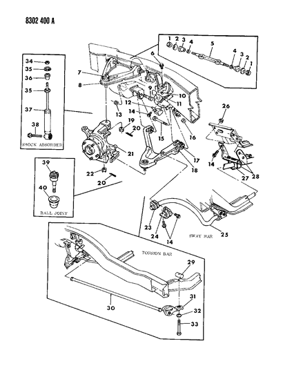 1989 Dodge Dakota Suspension - Front Torsion Bar With Shock Absorber & Sway Bar Diagram