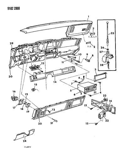 1989 Dodge Aries Instrument Panel Pad, Bezels, Radio & Antenna Diagram