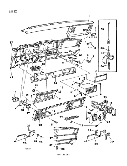 1985 Dodge Aries Instrument Panel Cluster, Bezels & Radio Diagram