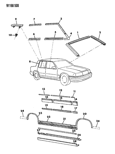 1991 Dodge Spirit Mouldings - Exterior View Diagram