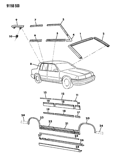 1991 Chrysler LeBaron Sedan Mouldings - Exterior View Diagram