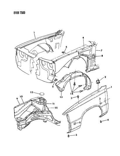1988 Chrysler LeBaron Base Fender & Shield Diagram