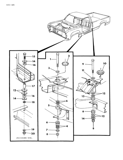 1985 Dodge W150 Body Hold Down & Front End Mounting Diagram
