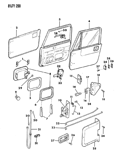 1985 Jeep Wrangler Doors, Full, Front Handles, Latches, Rods Diagram 1